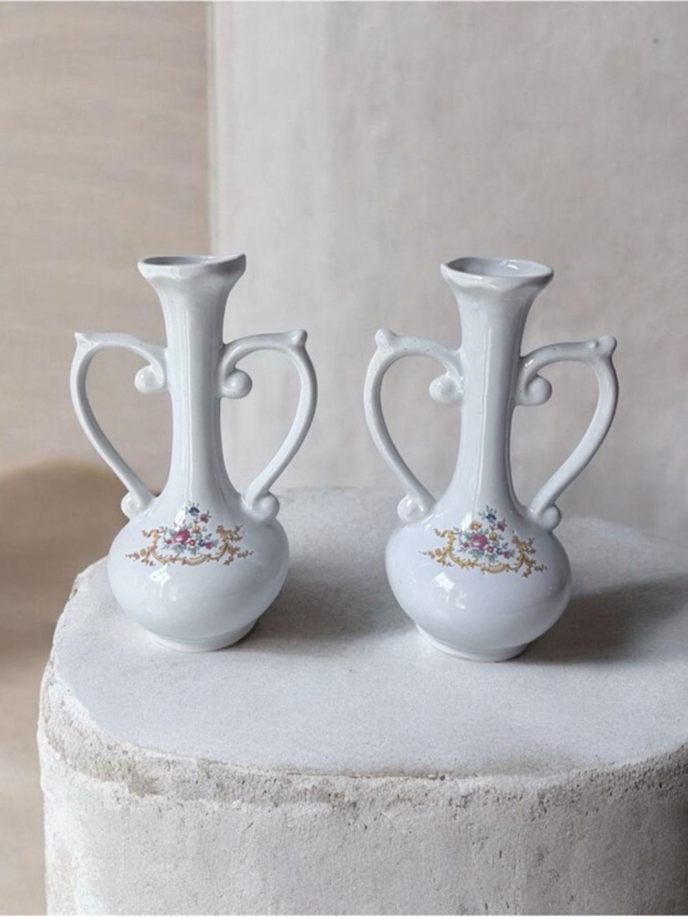 vintage porcelain double-handle bud vases, likely from the "Occupied Japan" era.